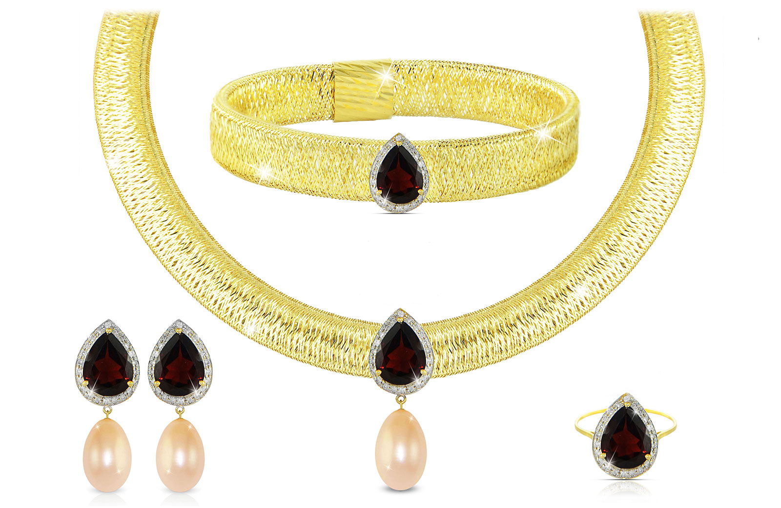 Vera Perla 18K Gold 0.60ct Diamonds, Garnet and 13mm Pink Pearl Jewelry Set - 4 pcs.